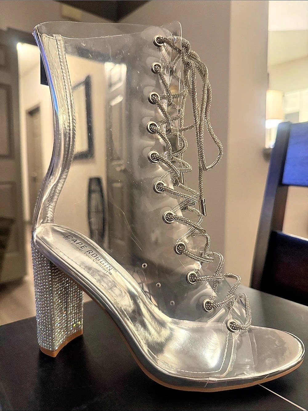 Cape Robbin Lookey Clear Lace-Up Rhinestone Ankle Boots Lookey Rhinestone Heel